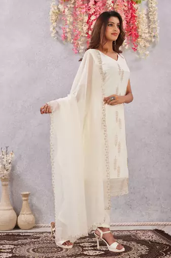 Off white siroski work crunchy straight cut dress material unstitched