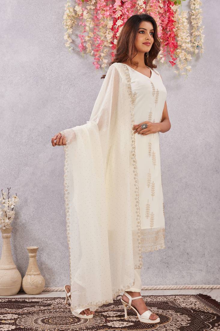 Off white siroski work crunchy straight cut dress material unstitched