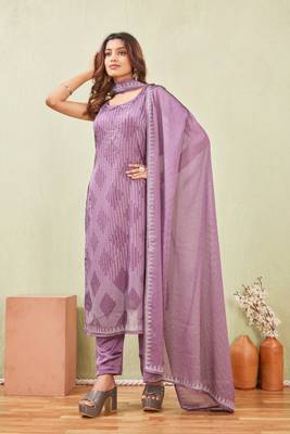 Purple siroski work rangoli straight cut dress material unstitched 3
