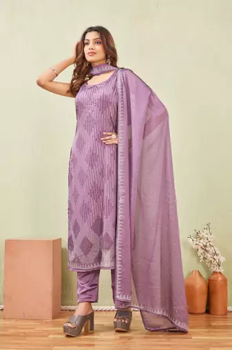 Purple siroski work rangoli straight cut dress material unstitched