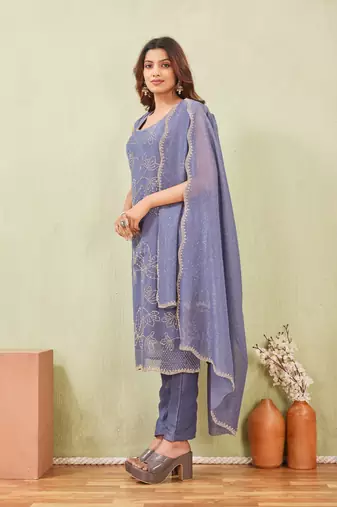 Grey siroski work crunchy straight cut dress material unstitched