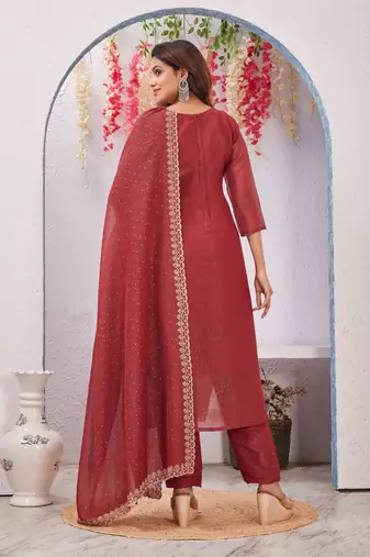 Maroon siroski work crunchy straight cut dress material unstitched