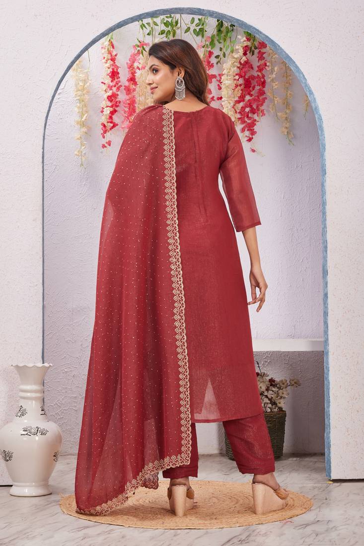 Maroon siroski work crunchy straight cut dress material unstitched