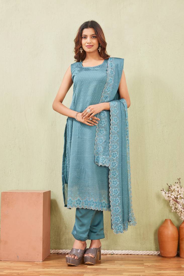 Rama siroski work rangoli straight cut dress material unstitched