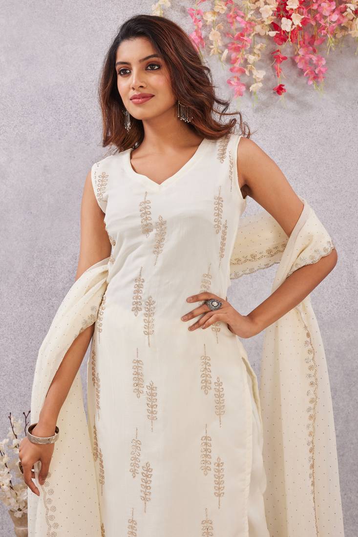 Off white siroski work crunchy straight cut dress material unstitched