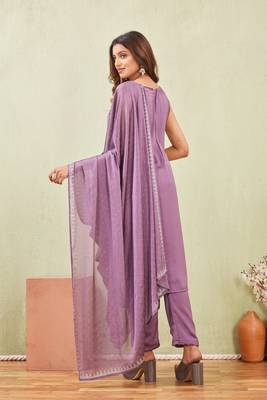 Purple siroski work rangoli straight cut dress material unstitched 4