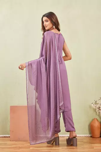 Purple siroski work rangoli straight cut dress material unstitched