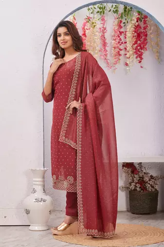 Maroon siroski work crunchy straight cut dress material unstitched