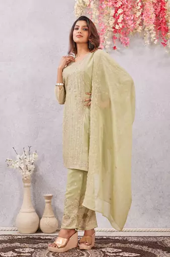 Pista siroski work crunchy straight cut dress material unstitched
