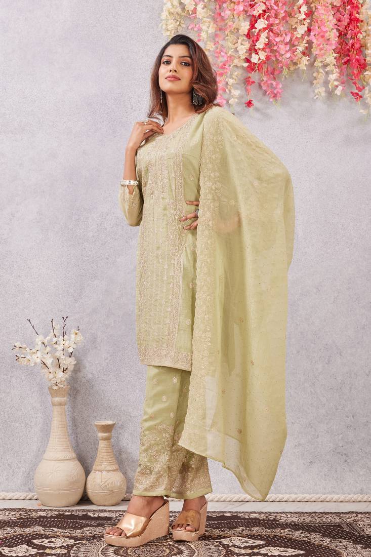 Pista siroski work crunchy straight cut dress material unstitched