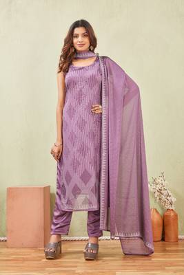 Purple siroski work rangoli straight cut dress material unstitched 5