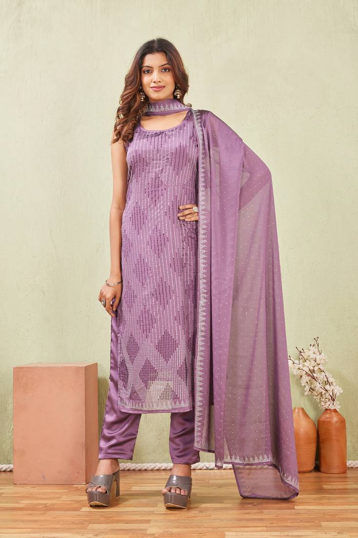 Purple siroski work rangoli straight cut dress material unstitched