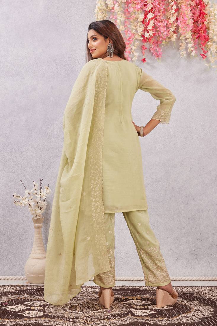 Pista siroski work crunchy straight cut dress material unstitched