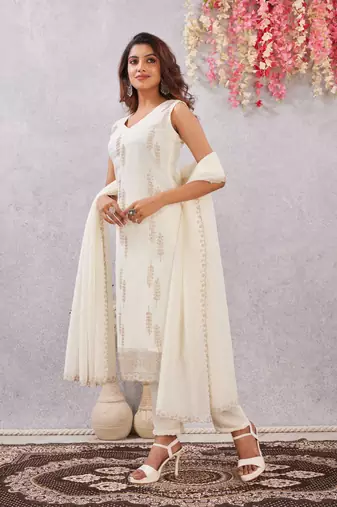 Off white siroski work crunchy straight cut dress material unstitched