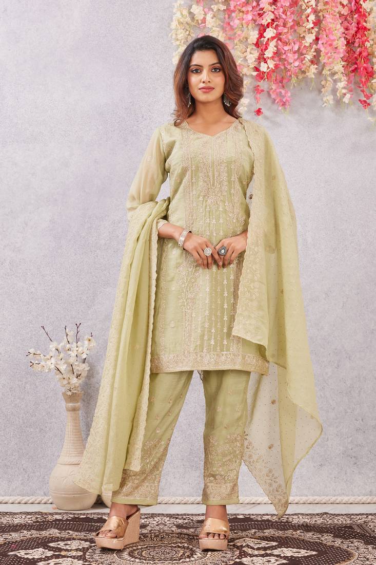 Pista siroski work crunchy straight cut dress material unstitched