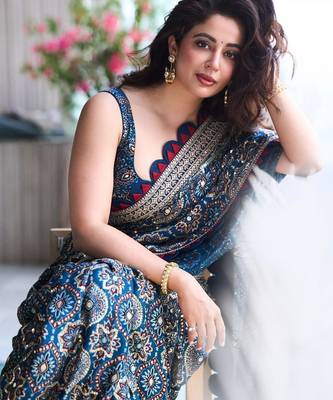Royal blue digital print crepe silk saree with mirror work blouse 1