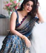 Royal blue digital print crepe silk saree with mirror work blouse