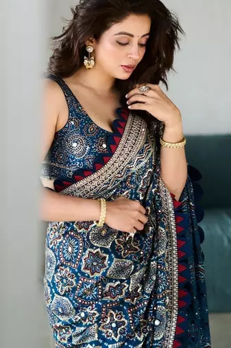 Royal blue digital print crepe silk saree with mirror work blouse