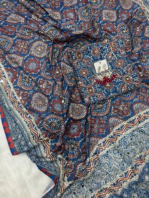 Royal blue digital print crepe silk saree with mirror work blouse 3