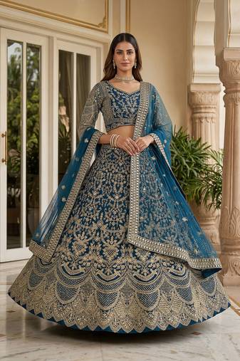 TEAL BLUE COLOUR Sequins & Cording Embroidered Butterfly Net Lehenga Choli Set