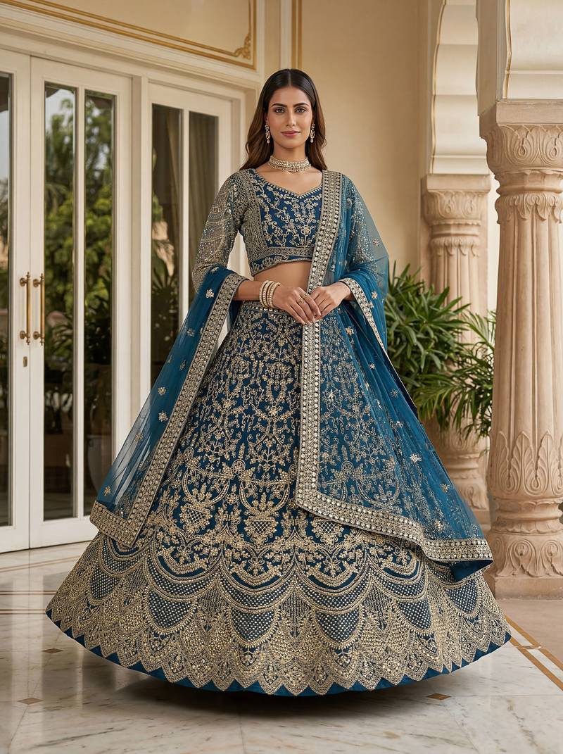 TEAL BLUE COLOUR Sequins & Cording Embroidered Butterfly Net Lehenga Choli Set