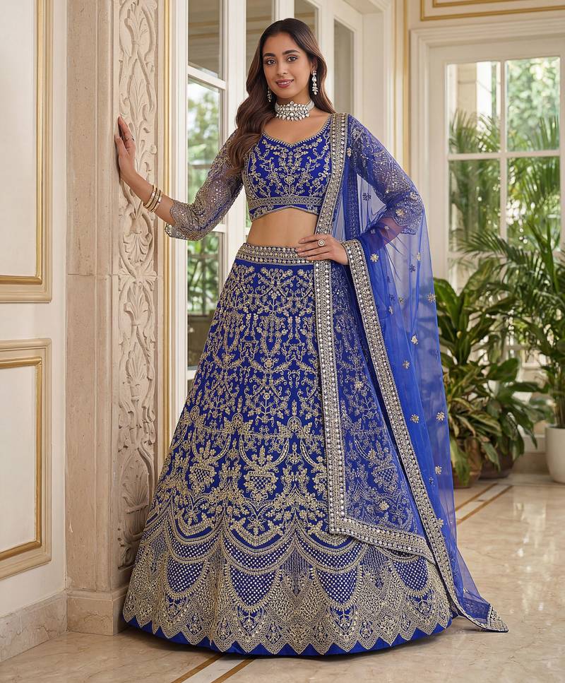 BLUE COLOUR Sequins & Cording Embroidered Butterfly Net Lehenga Choli Set