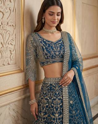 TEAL BLUE COLOUR Sequins & Cording Embroidered Butterfly Net Lehenga Choli Set 2