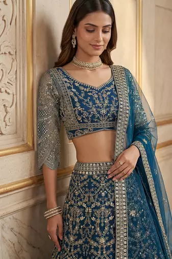 TEAL BLUE COLOUR Sequins & Cording Embroidered Butterfly Net Lehenga Choli Set