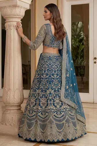 TEAL BLUE COLOUR Sequins & Cording Embroidered Butterfly Net Lehenga Choli Set