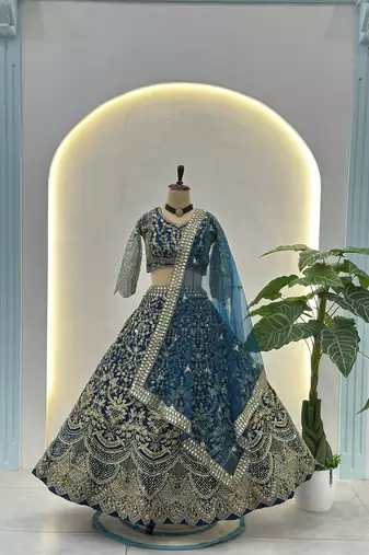 TEAL BLUE COLOUR Sequins & Cording Embroidered Butterfly Net Lehenga Choli Set