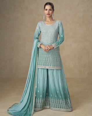 Sky blue real georgette mirror work palazzo suit set 1