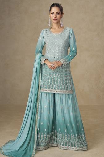 Sky blue real georgette mirror work palazzo suit set
