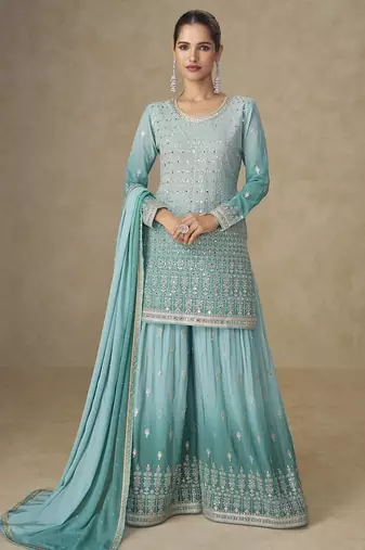 Sky blue real georgette mirror work palazzo suit set