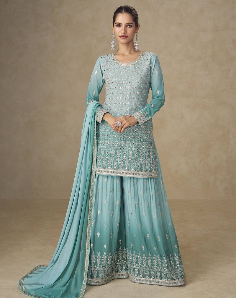 Sky blue colour real georgette mirror work palazzo suit set