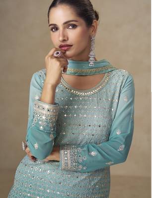 Sky blue real georgette mirror work palazzo suit set 2