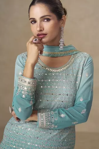 Sky blue real georgette mirror work palazzo suit set