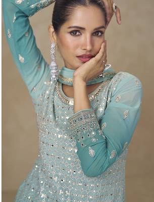 Sky blue real georgette mirror work palazzo suit set 3
