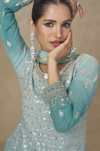 Sky blue real georgette mirror work palazzo suit set