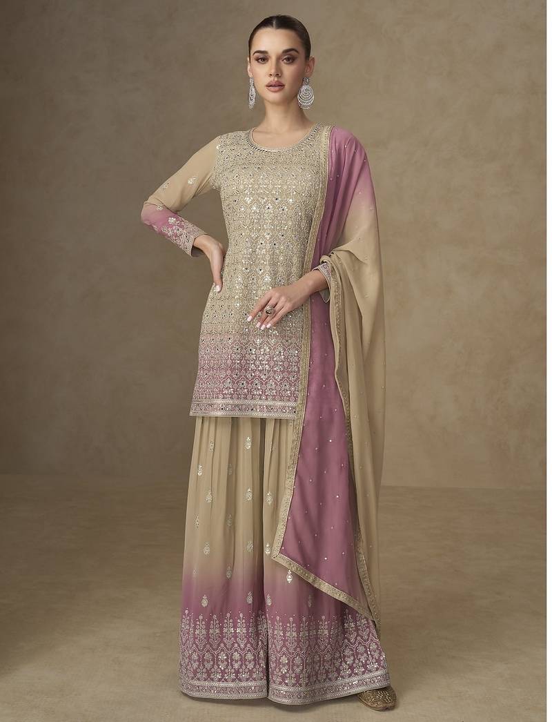 Beige colour real georgette mirror work palazzo suit set