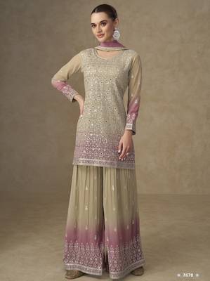 Beige real georgette mirror work palazzo suit set 2