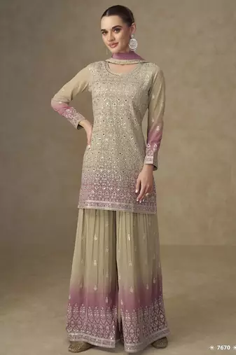 Beige real georgette mirror work palazzo suit set