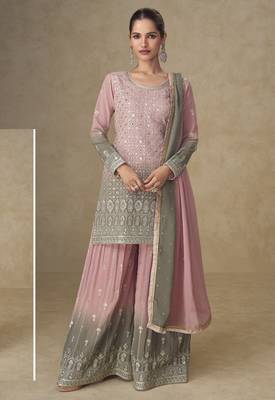 Pink real georgette mirror work palazzo suit set 1