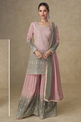 Pink real georgette mirror work palazzo suit set