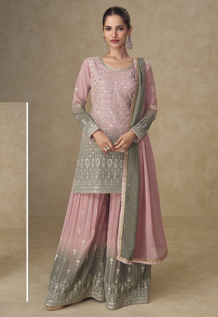 Pink colour real georgette mirror work palazzo suit set