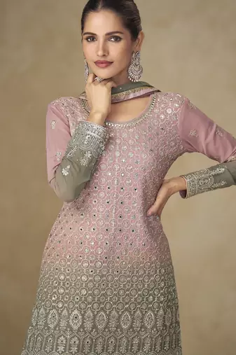 Pink real georgette mirror work palazzo suit set