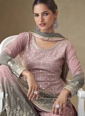 Pink real georgette mirror work palazzo suit set 3