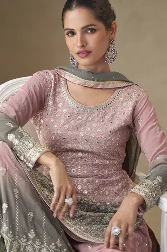 Pink real georgette mirror work palazzo suit set