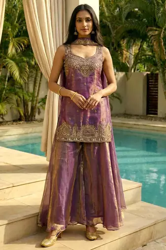 Mauve fendy satin embroidered kurta pant set with dupatta