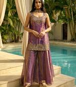 Mauve colour fendy satin embroidered kurta pant set with dupatta
