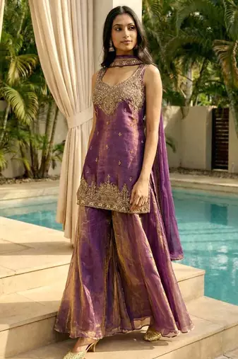 Mauve fendy satin embroidered kurta pant set with dupatta